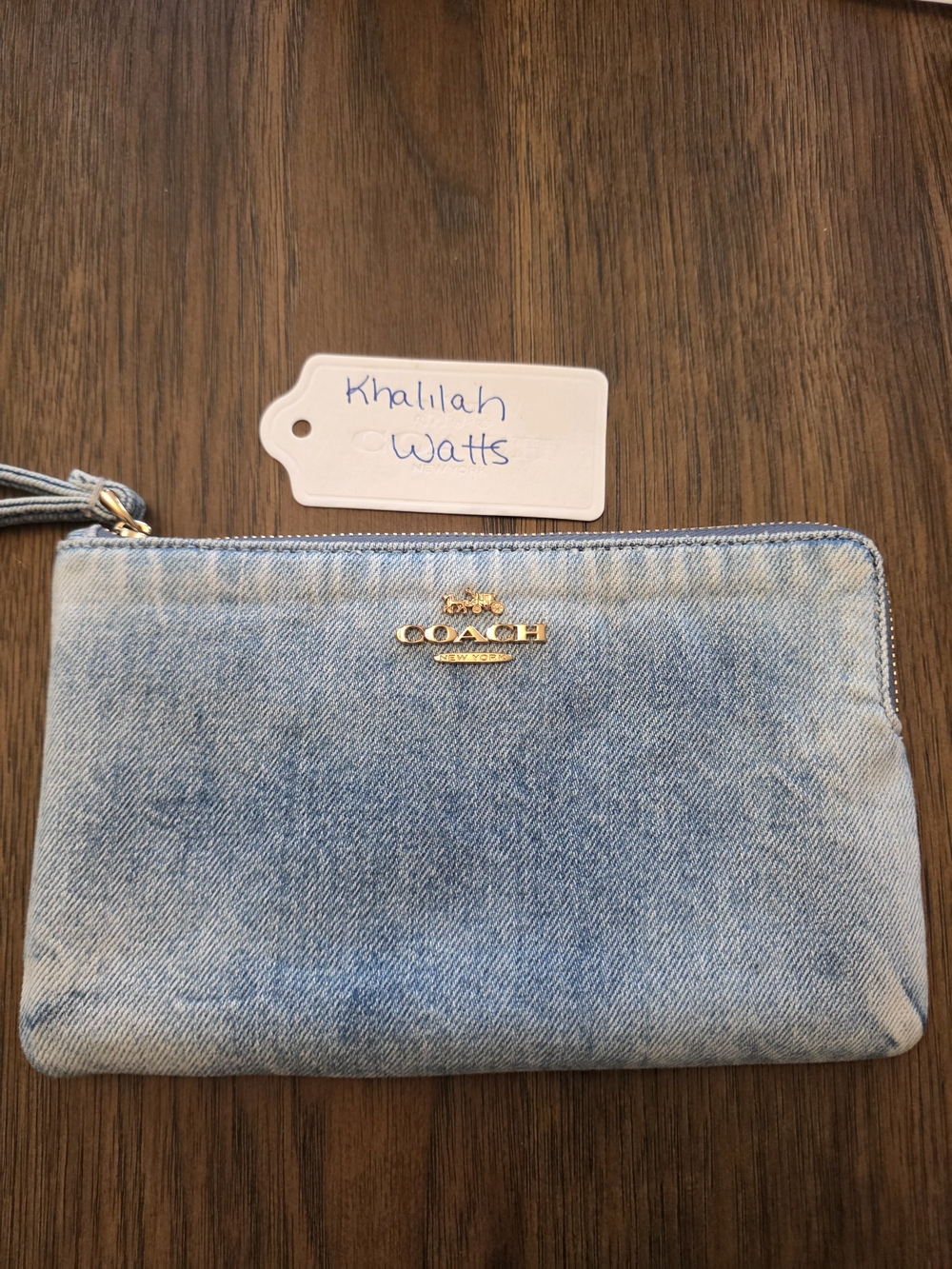 Coach Light Blue Denim Zip Wristlet - Coach Gold Logo